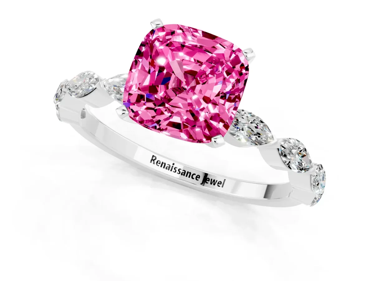 Cushion Cut Pink Sapphire Ring with Marquise Side Stones and Prong Setting Platinum