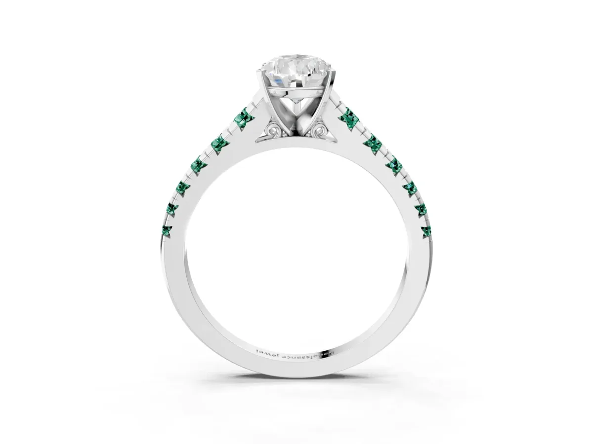 Pear Cut Diamond Cathedral Solitaire Ring with Round Green Sapphire Pavé Band Silver