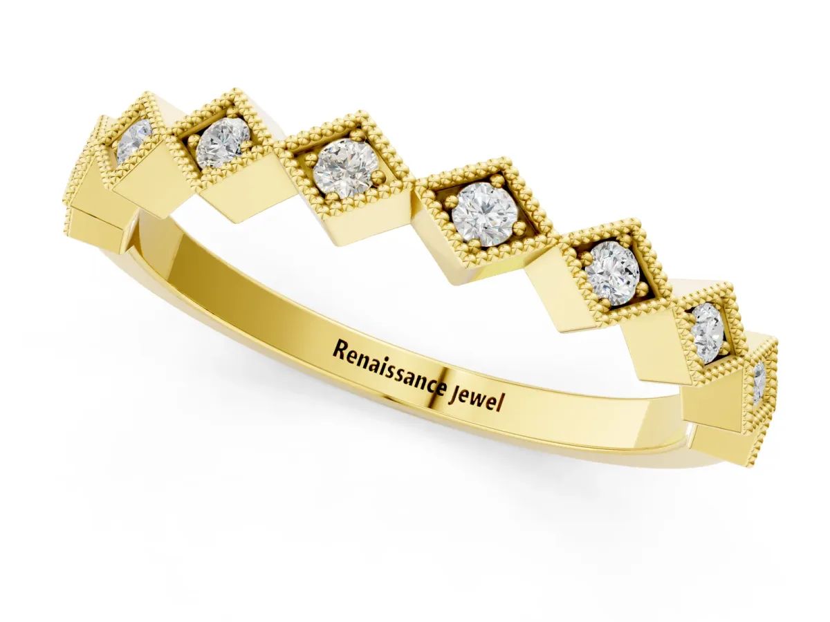 Milgrain Diamond Geometric Stackable Band with Round Cut Stones and Bezel Setting Yellow gold