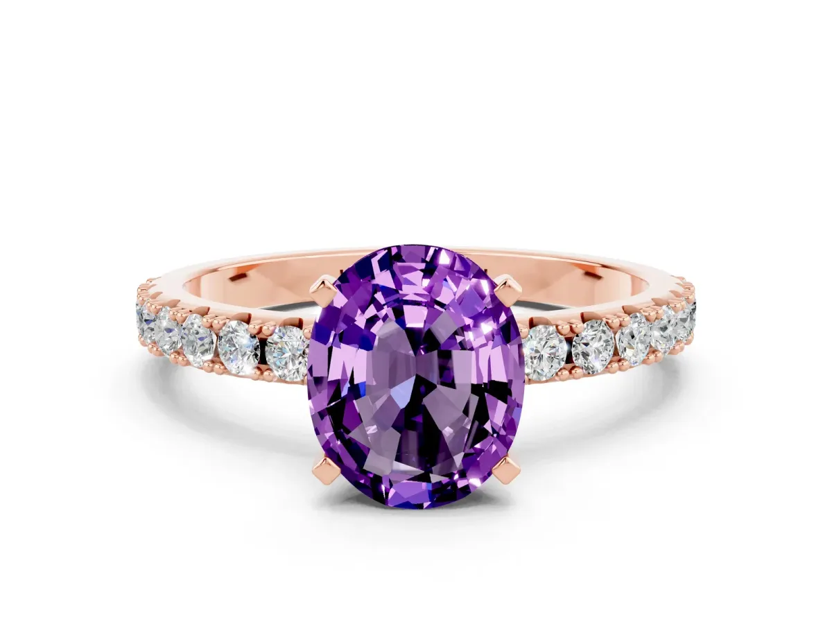 Oval Cut Amethyst Solitaire Pavé Band with Four-Prong Setting Rose gold