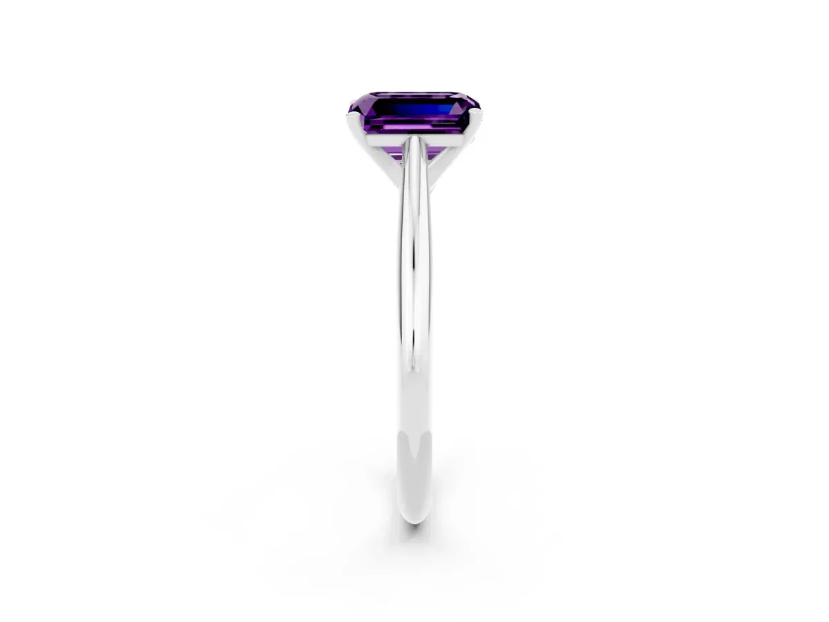 Emerald Cut Amethyst Solitaire Engagement Ring with Cathedral Setting and Four-Prong Mount White gold