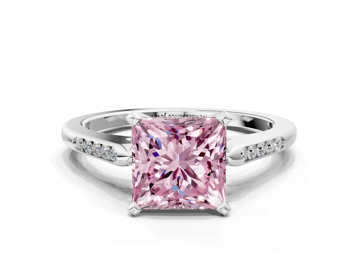 Fancy Pink Princess Cut Diamond Solitaire Ring with Channel Set Round Band and Prong Setting Silver