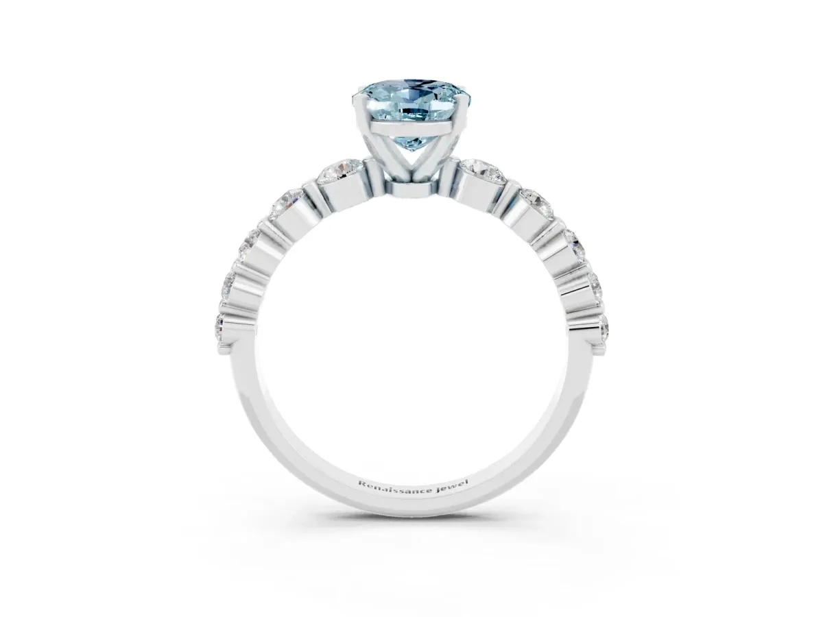 Oval Cut Solitaire Aquamarine Ring with Pave Band and Four-Prong Setting Silver