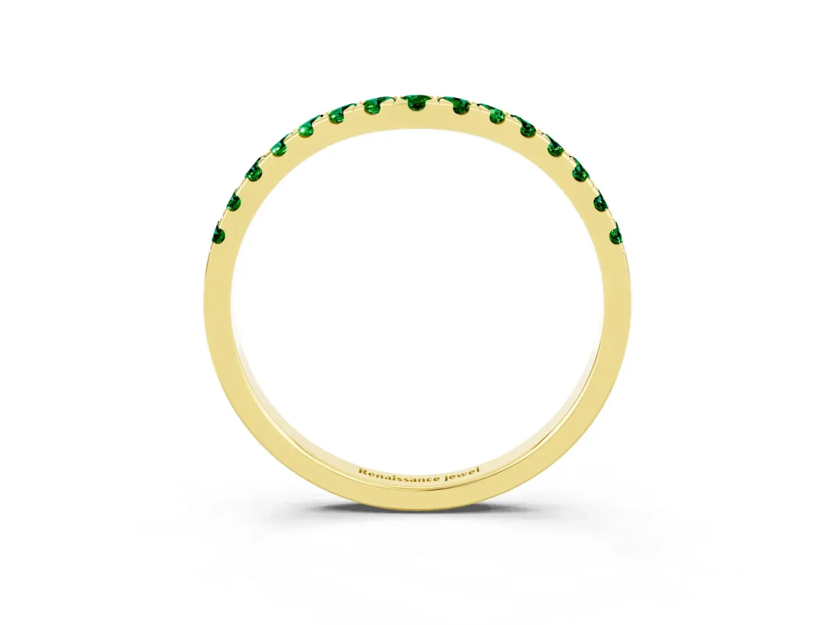 Curved Pavé Round Emerald Wedding Band with Shared Prong Setting Yellow gold