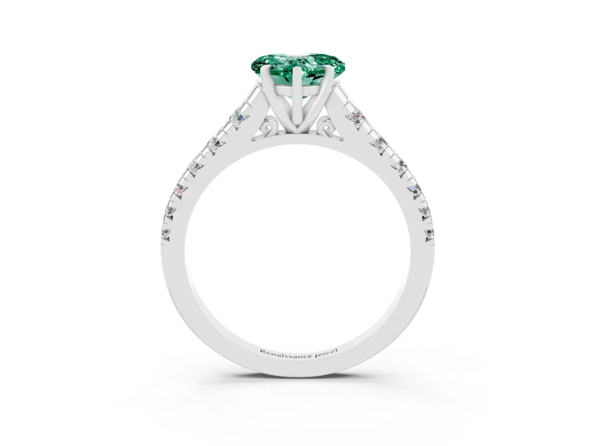 Heart Cut Green Sapphire Cathedral Solitaire Ring with Round Pavé Band Silver