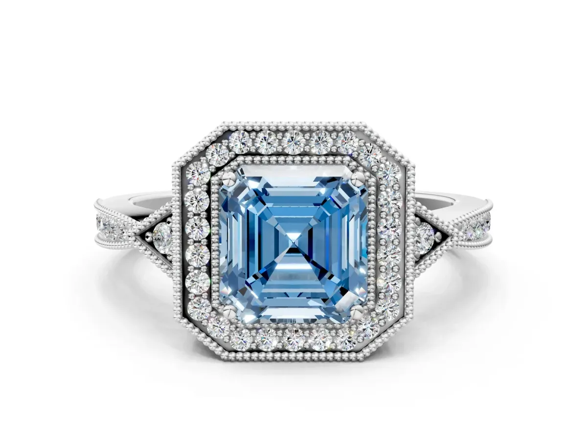 Fancy Blue Asscher Cut Halo Round Diamond Milgrain Pave Engagement Ring Platinum