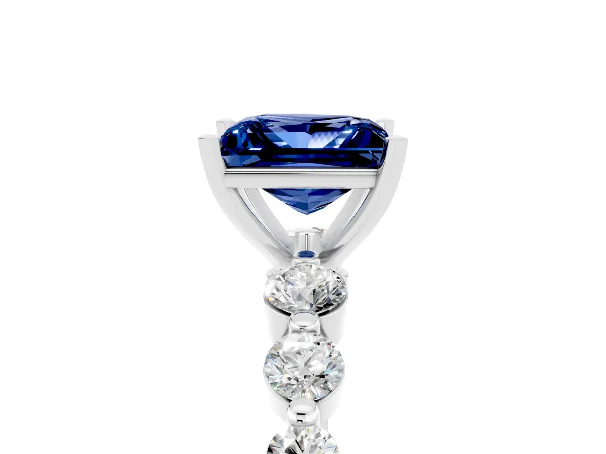 Princess Cut Solitaire Blue Sapphire Ring with Pave Band and Four-Prong Setting Silver