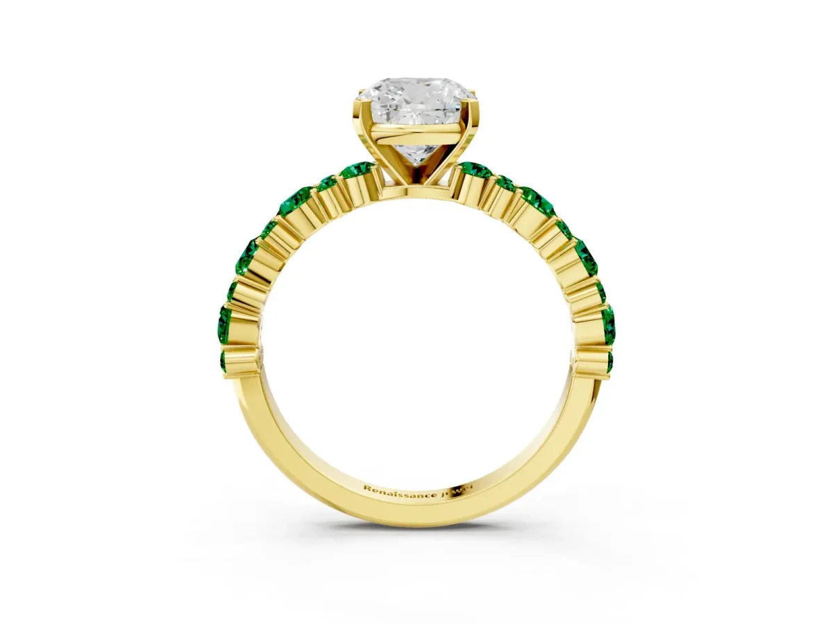 Cushion Cut Diamond Side Stone Solitaire Ring with Round Emerald and Four-Prong Setting Yellow gold