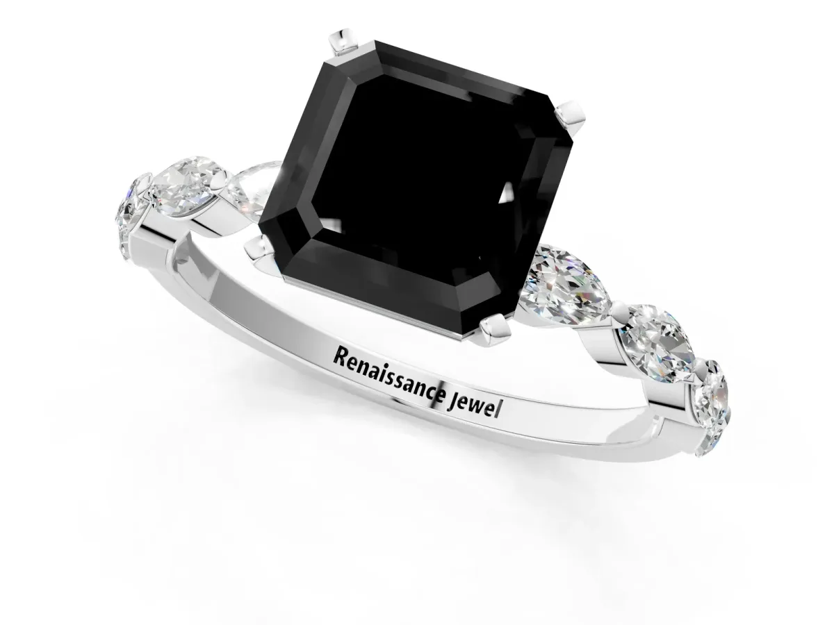 Fancy Black Asscher Cut Diamond Ring with Marquise Side Stones and Prong Setting Platinum