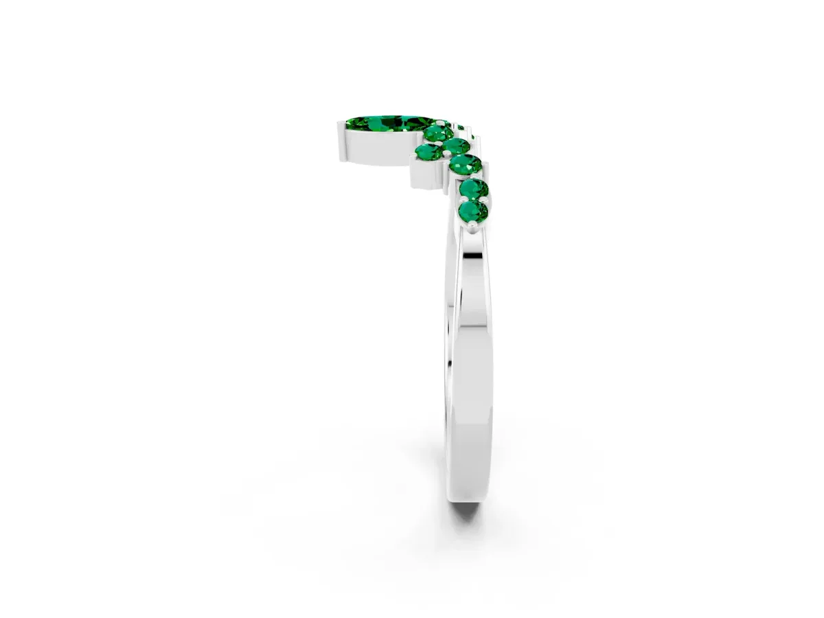 Marquise and Round Emerald Chevron Band with Prong Setting White gold
