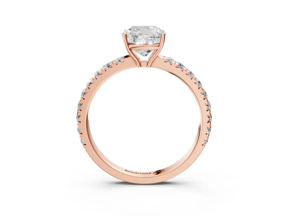 Cushion Cut Diamond Pavé Solitaire Engagement Ring with Four-Prong Setting Rose gold