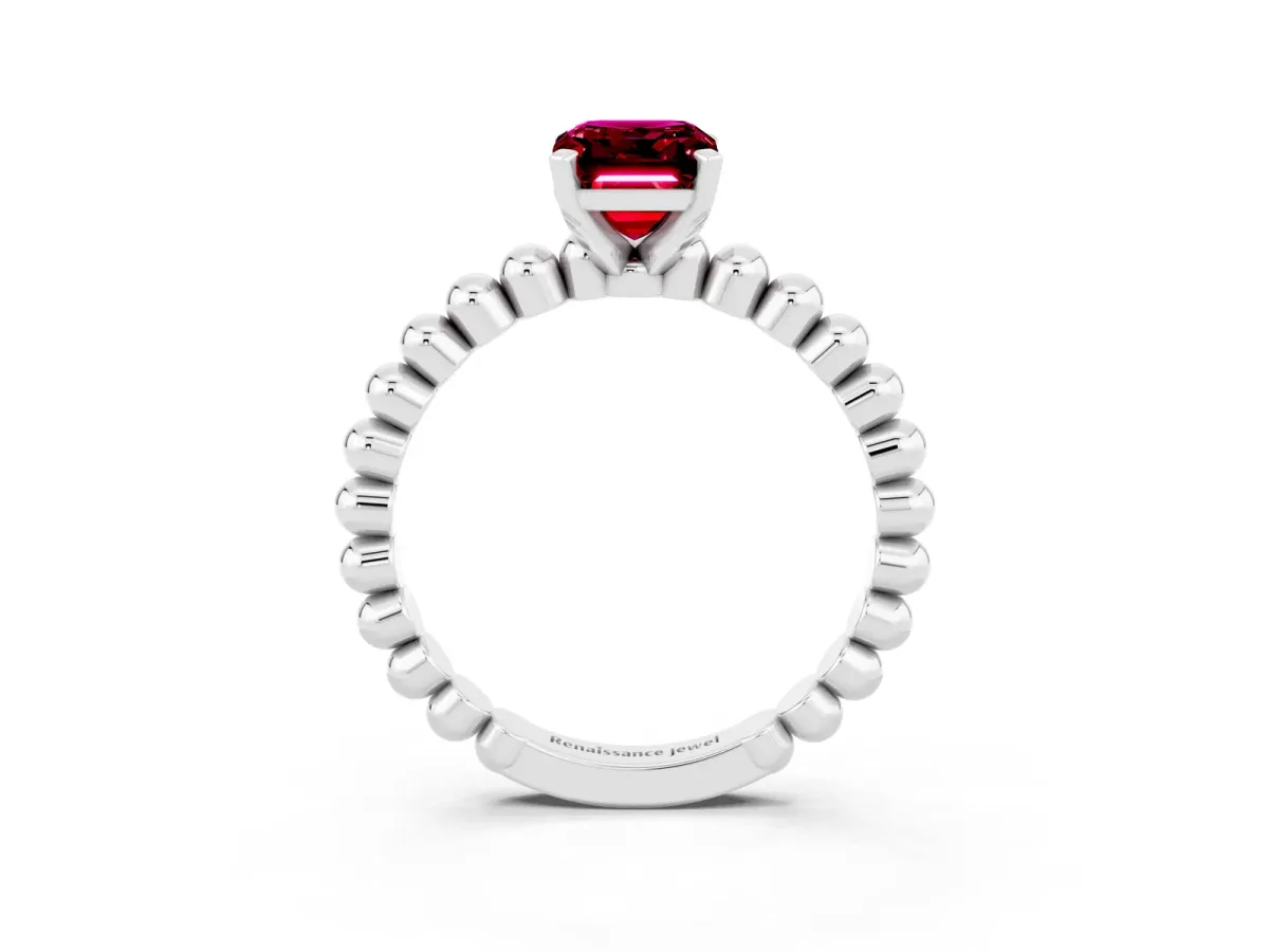 Emerald Cut Garnet Solitaire Ring with Beaded Band and Prong Setting White gold