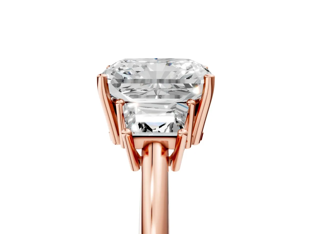 Radiant Cut Diamond Three-Stone Ring with Trapezoid Side Stones and Prong Setting Rose gold