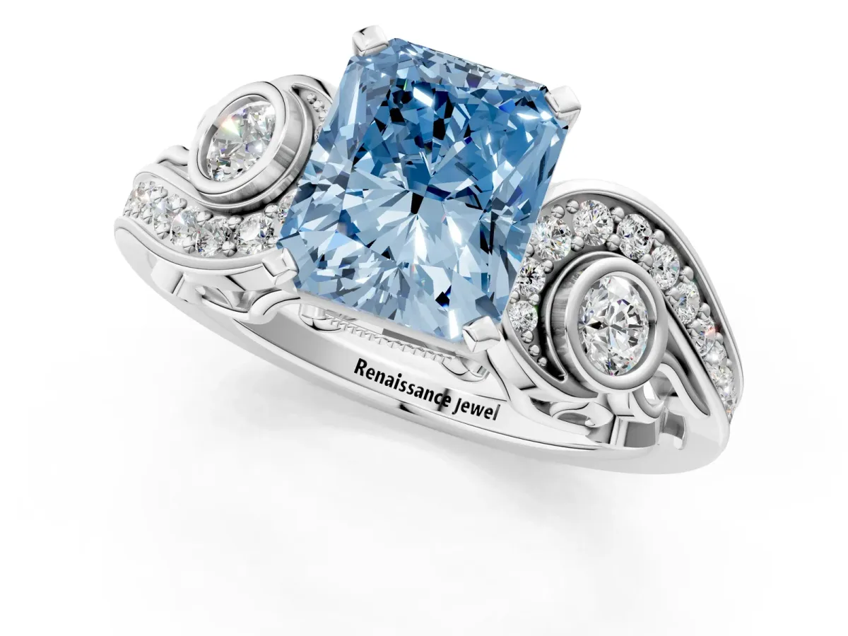 Fancy Blue Radiant Cut Diamond Solitaire Ring with Milgrain Pavé Band and Four-Prong Setting Silver