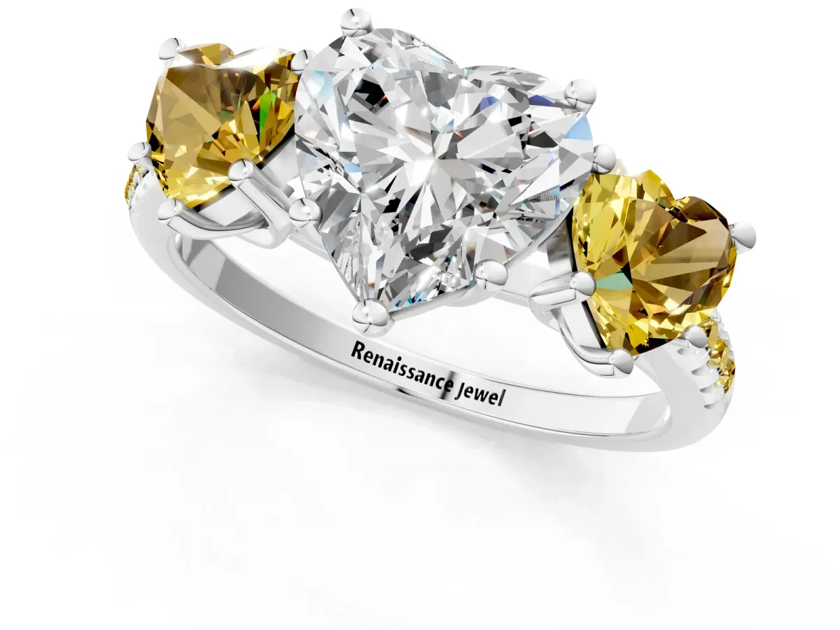 Three-Stone Heart Cut Diamond Ring with Round Yellow Sapphire Pavé Band and Prong Setting Silver