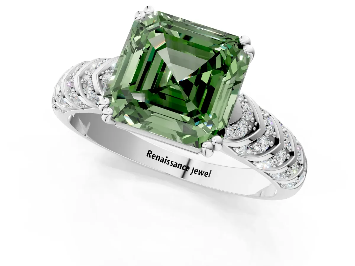 Fancy Green Asscher Cut Solitaire Chevron Pave Diamond Engagement Ring with Six-Prong Setting Platinum