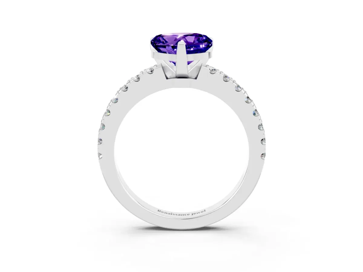 Heart Cut Solitaire Tanzanite with Pavé Band and Four-Prong Setting Silver