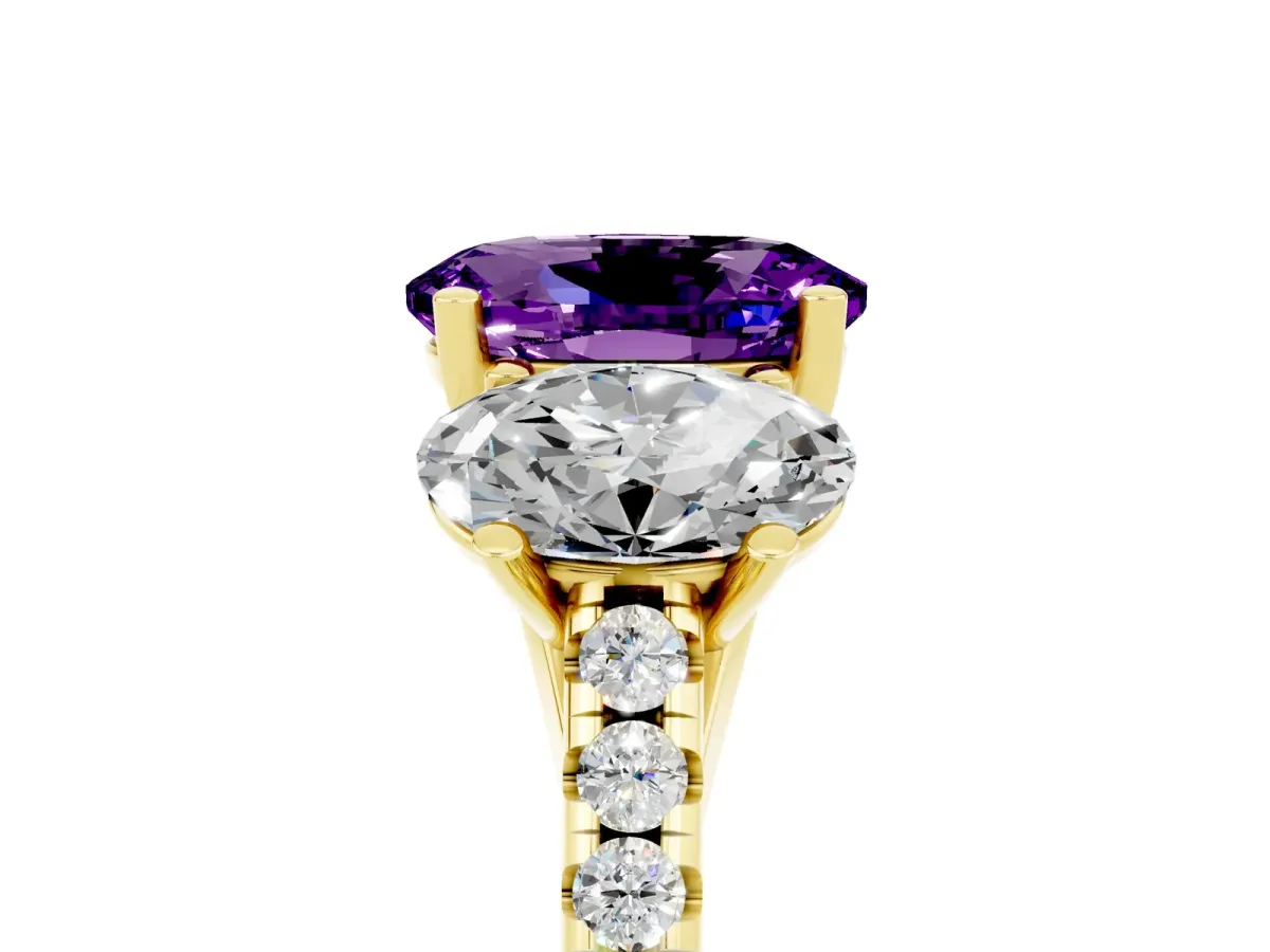 Three-Stone Oval Cut Amethyst Ring with Round Pavé Band and Prong Setting Yellow gold