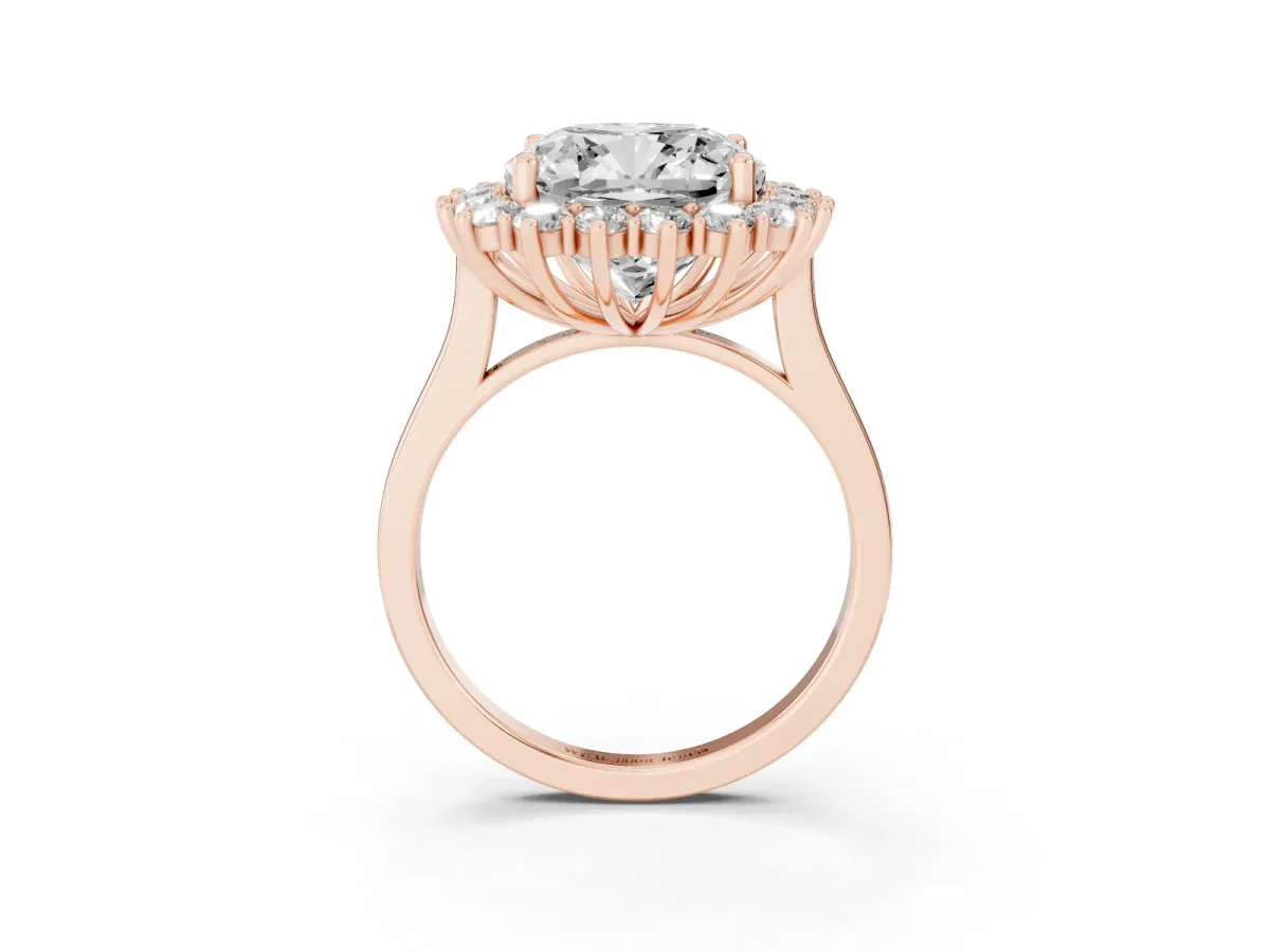 Cushion Diamond Halo Engagement Ring with Round Diamond Accents Rose gold