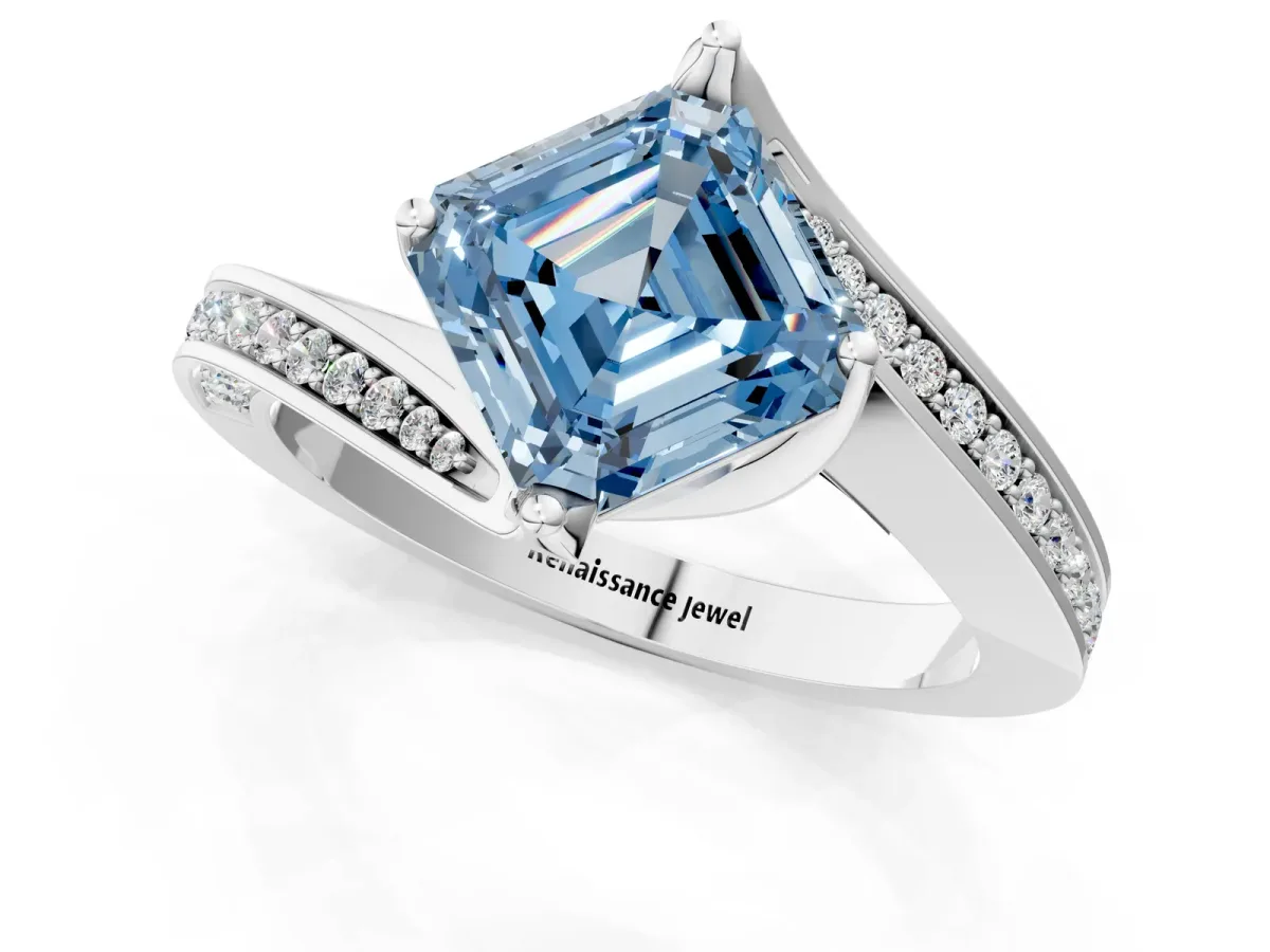 Fancy Blue Asscher Cut Solitaire Diamond Twist Band with Pavé Setting and Four-Prong Setting Platinum