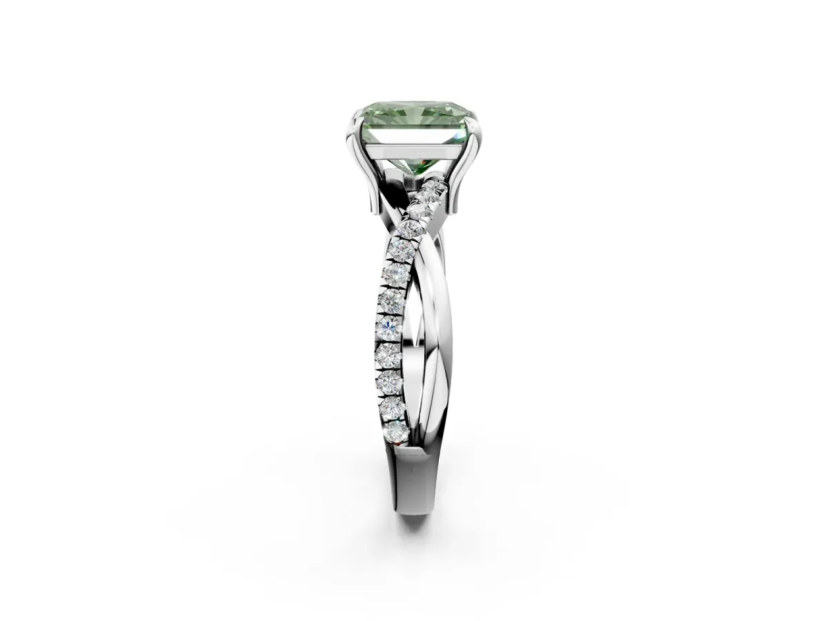 Fancy Green Radiant Cut Cut Twist Band Solitaire Diamond Ring with Pavé Setting Platinum