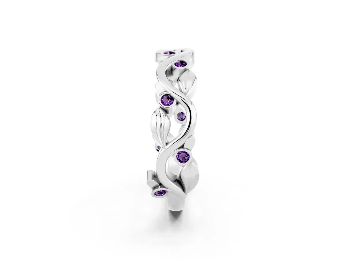 Round Amethyst Leaf Eternity Band with Bezel Setting White gold