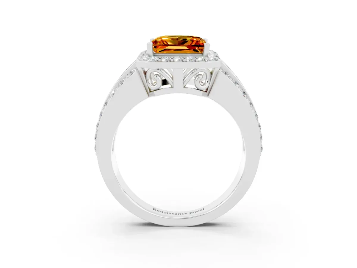 Princess Cut Halo Citrine Ring with Round Split Shank and Prong Setting Silver