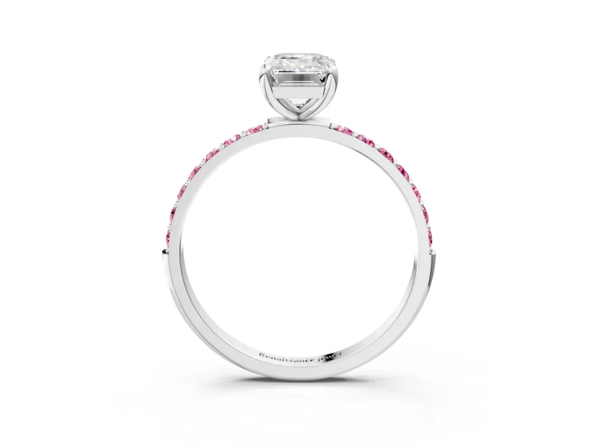 Emerald Cut Diamond Solitaire Ring with Round Pink Sapphire Pavé Band and Prong Setting Silver