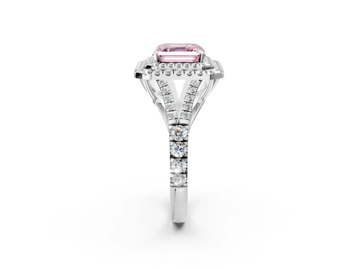 Fancy Pink Asscher Cut Cut Double Halo Split Shank Diamond Ring with Prong Setting Platinum