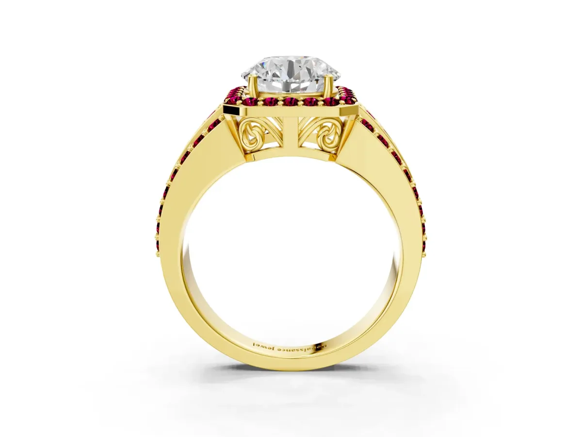 Round Cut Halo Diamond Ring with Round Garnet Split Shank and Prong Setting Yellow gold