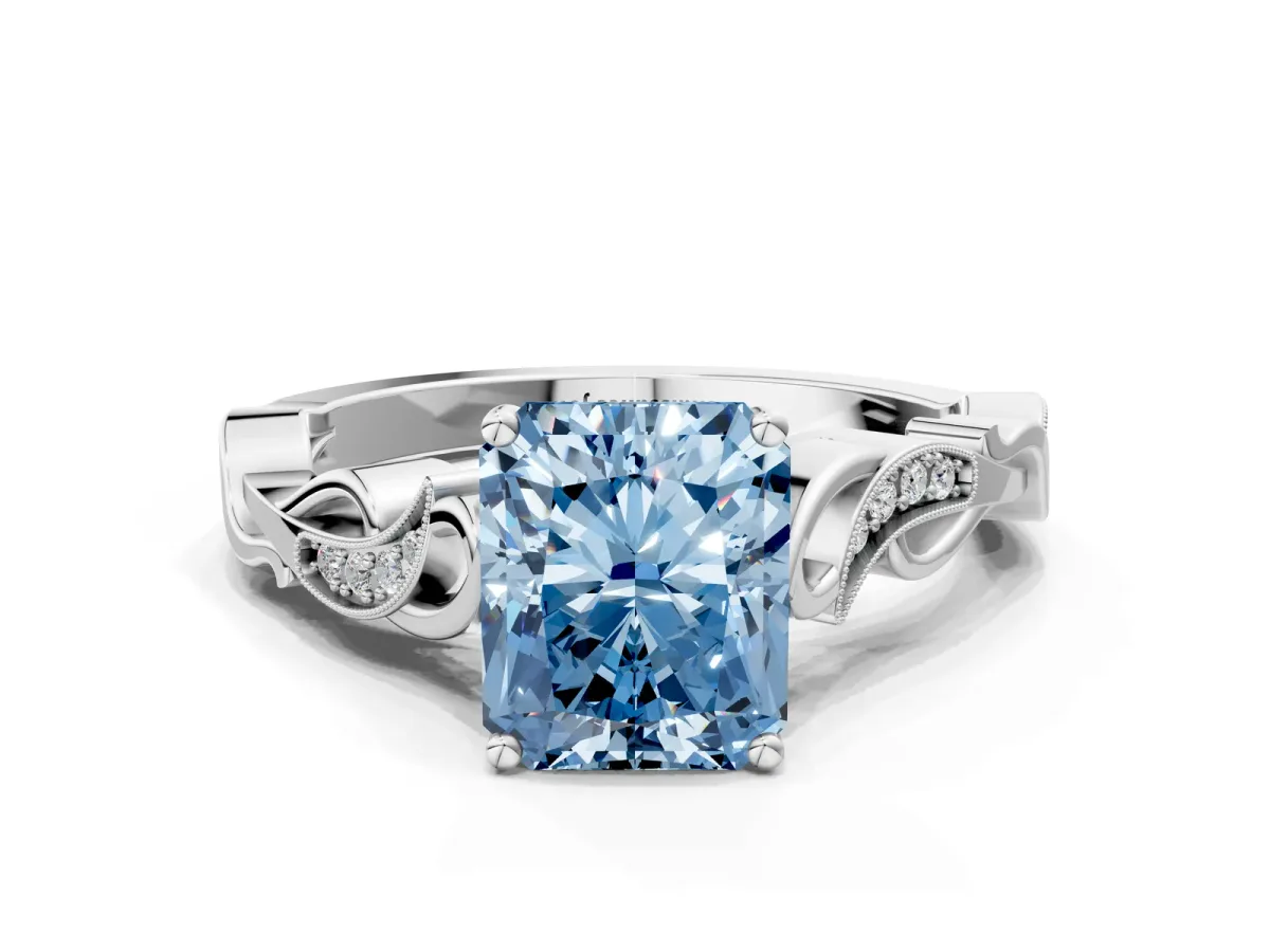 Fancy Blue Radiant Cut Solitaire Vine Band with Milgrain Prong Setting Platinum