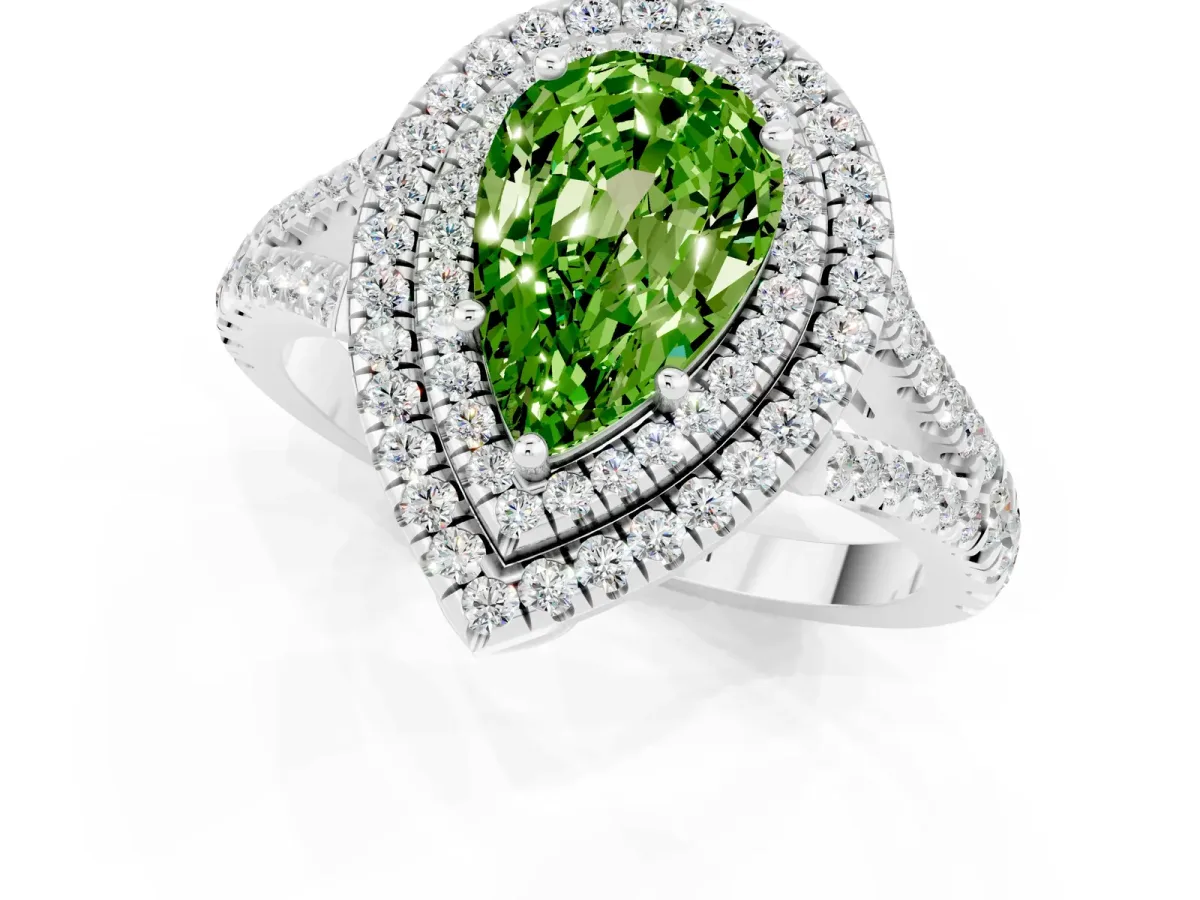 Pear Cut Peridot Double Halo Ring with Pavé Band and Prong Setting Silver