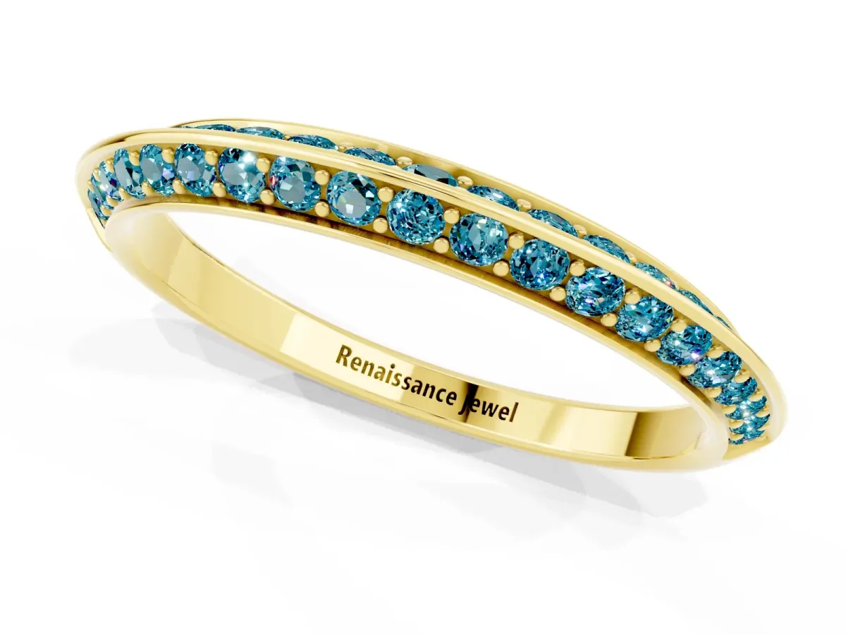 Double Row Pavé Round Blue Topaz Eternity Band with Channel Setting Yellow gold