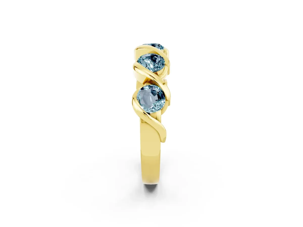 Round Aquamarine Wave Band with Channel Setting and Shared Prongs Yellow gold