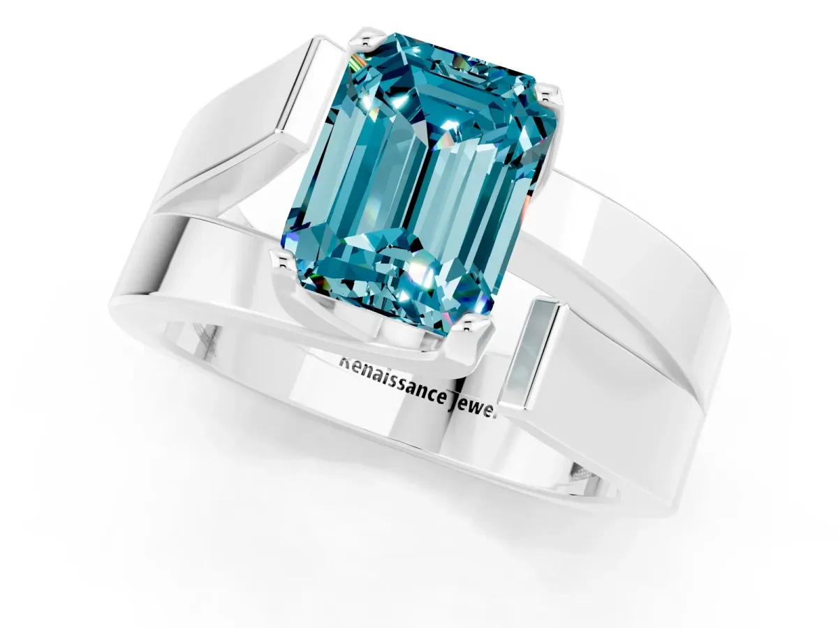 Modern Tension Set Emerald Cut Blue Topaz Solitaire Wide Band Ring Silver