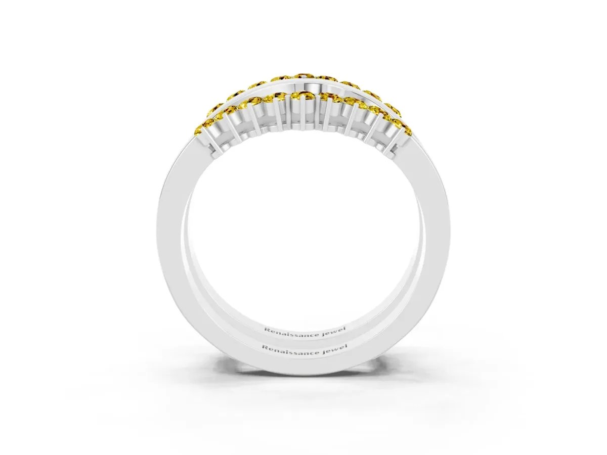 Round Yellow Sapphire Chevron Contour Band with Prong Setting Silver