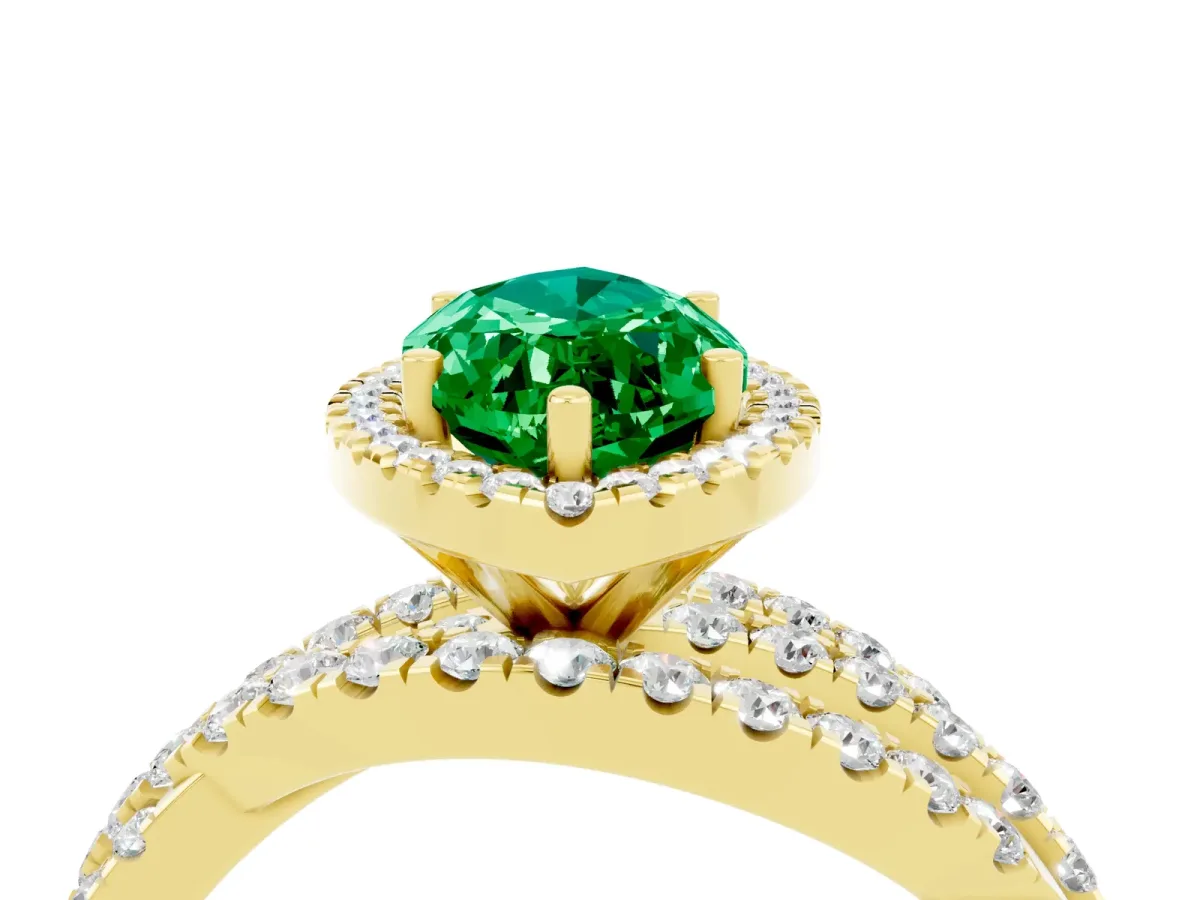 Marquise Cut Emerald Halo Ring with Round Split Shank and Prong Setting Yellow gold