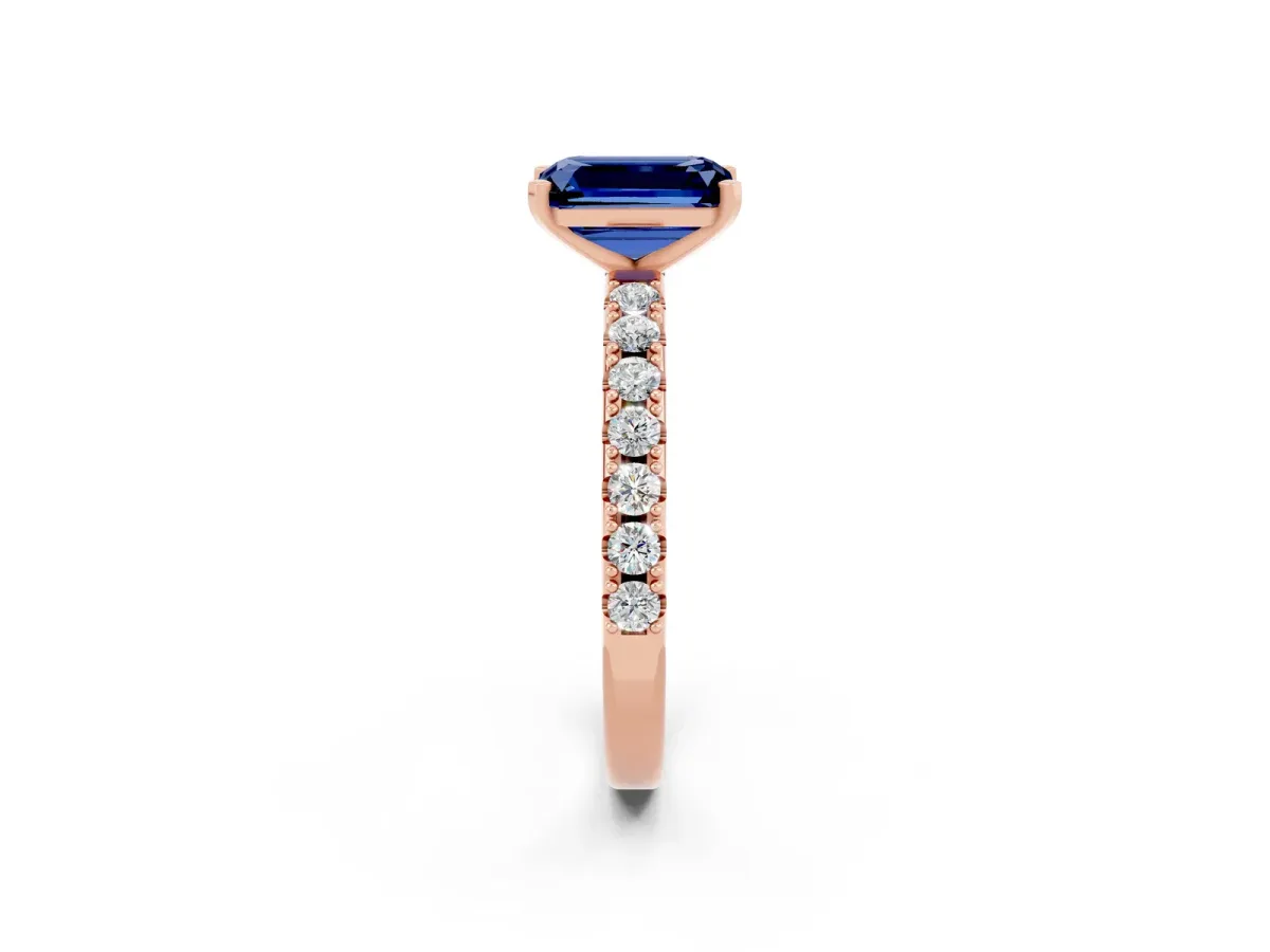 Emerald Cut Blue Sapphire Solitaire Pavé Band with Four-Prong Setting Rose gold