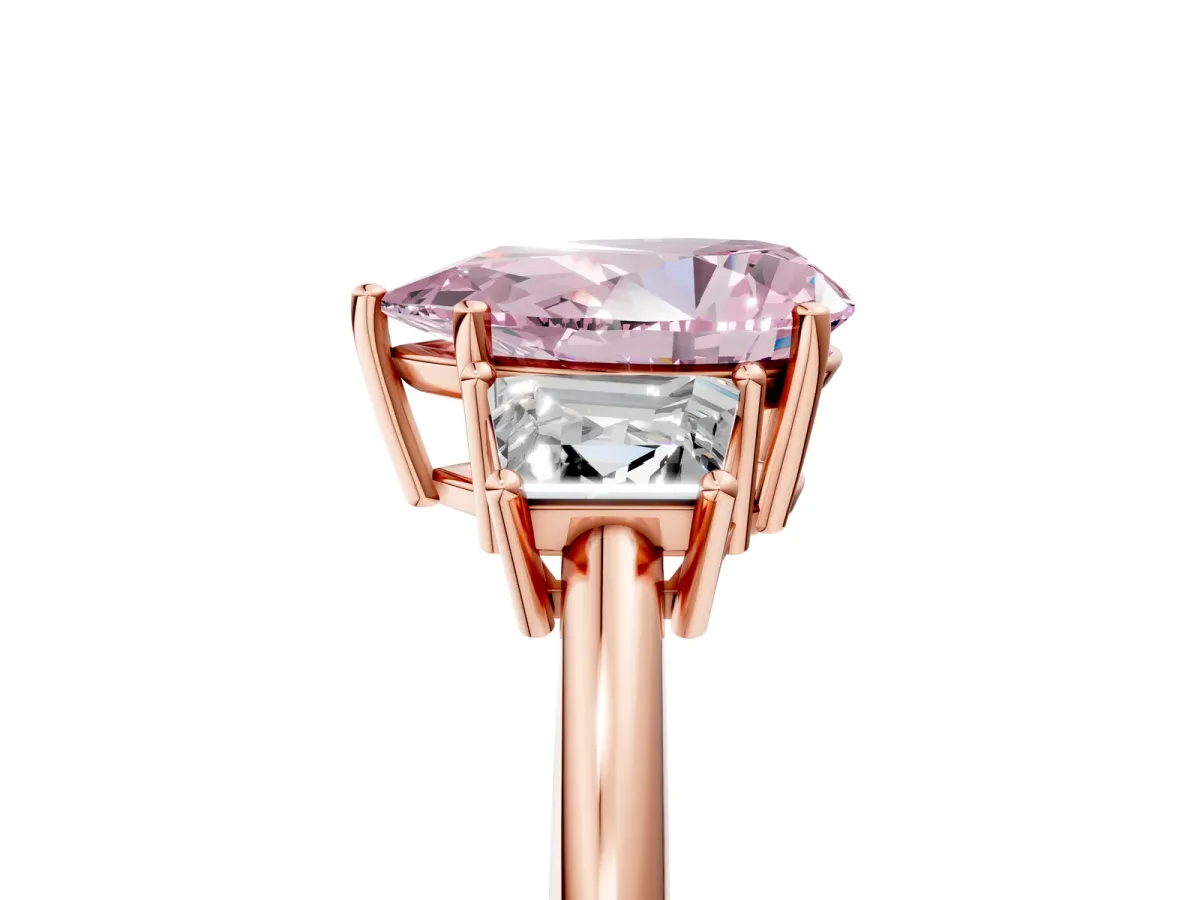 Fancy Pink Pear Cut Diamond Three-Stone Ring with Trapezoid Side Stones and Prong Setting Rose gold