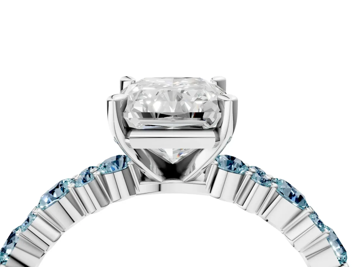 Radiant Cut Diamond Side Stone Solitaire Ring with Round Aquamarine and Four-Prong Setting Silver