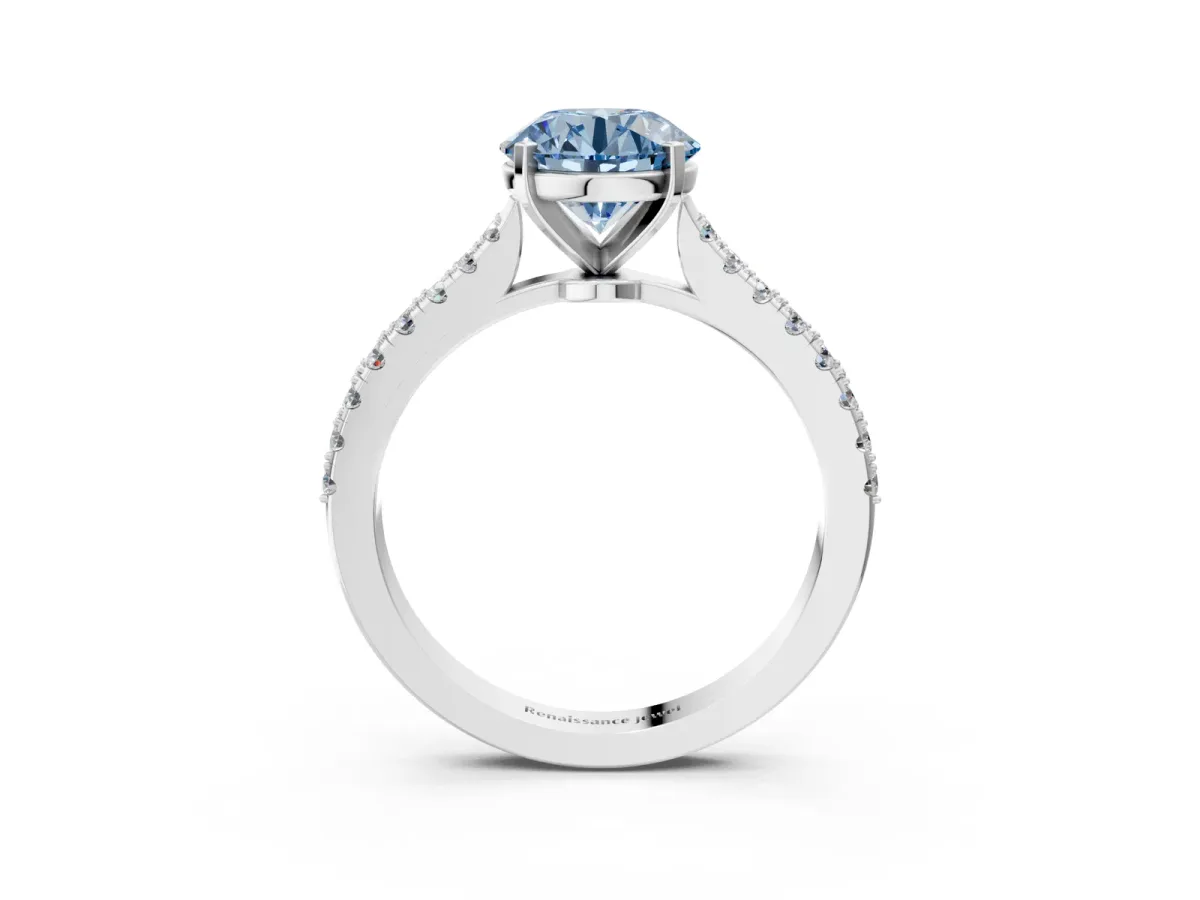 Fancy Blue Round Cut Cut Solitaire Diamond Engagement Ring with Pave Band and Four-Prong Setting Silver