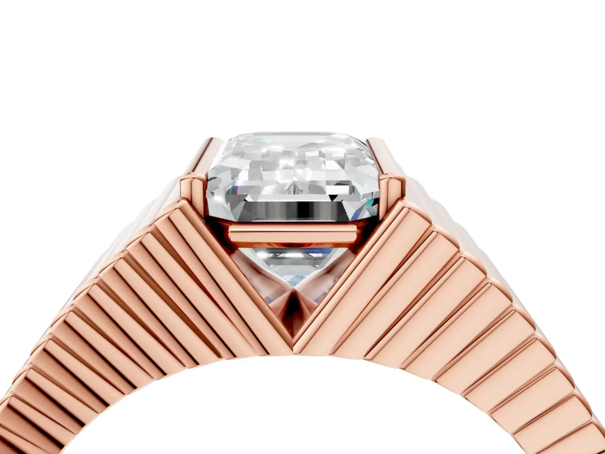 Emerald Cut Diamond Fluted Mens Ring Rose gold