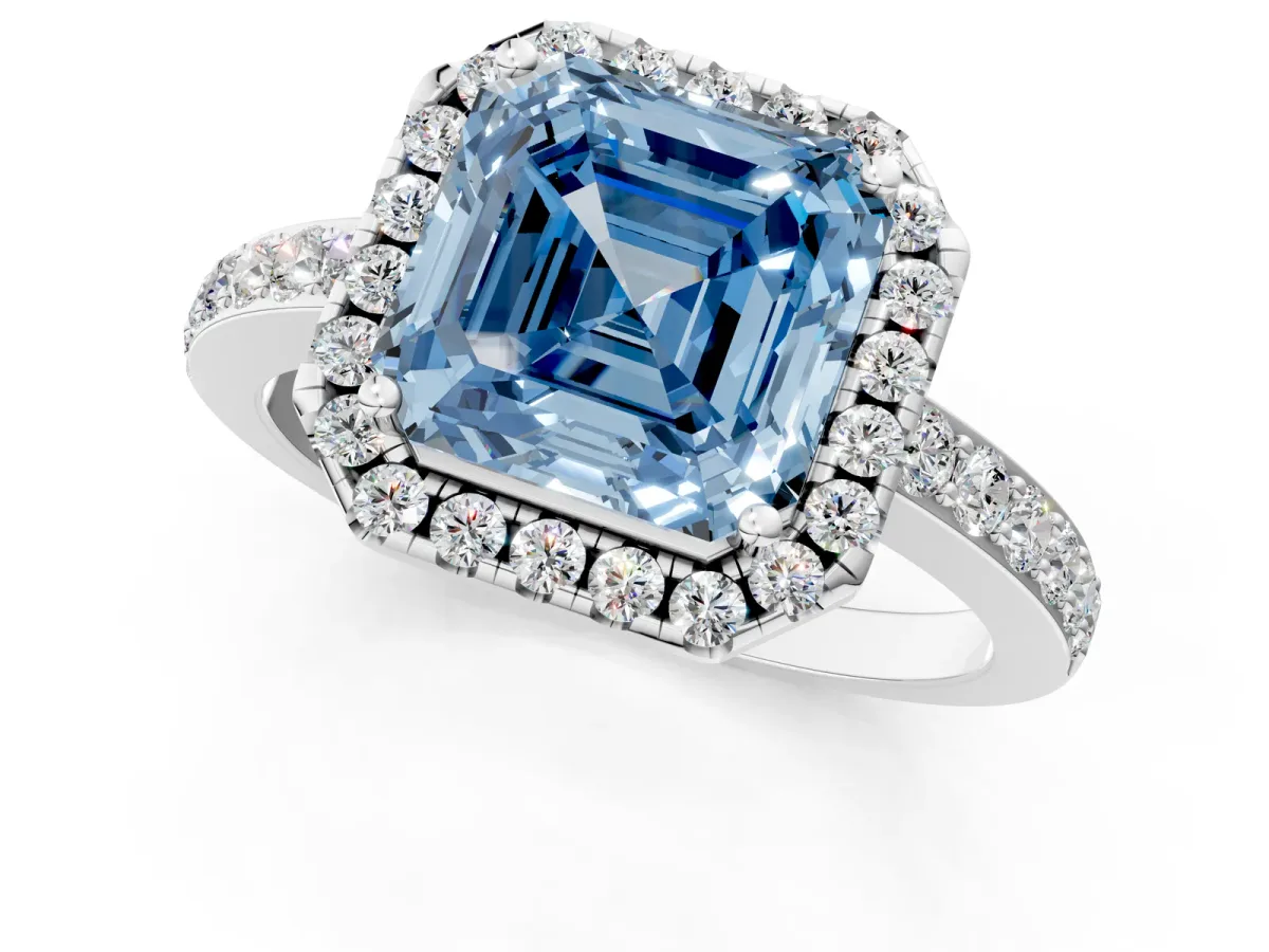 Fancy Blue Asscher Cut Halo Diamond Pavé Band Ring with Prong Setting Silver