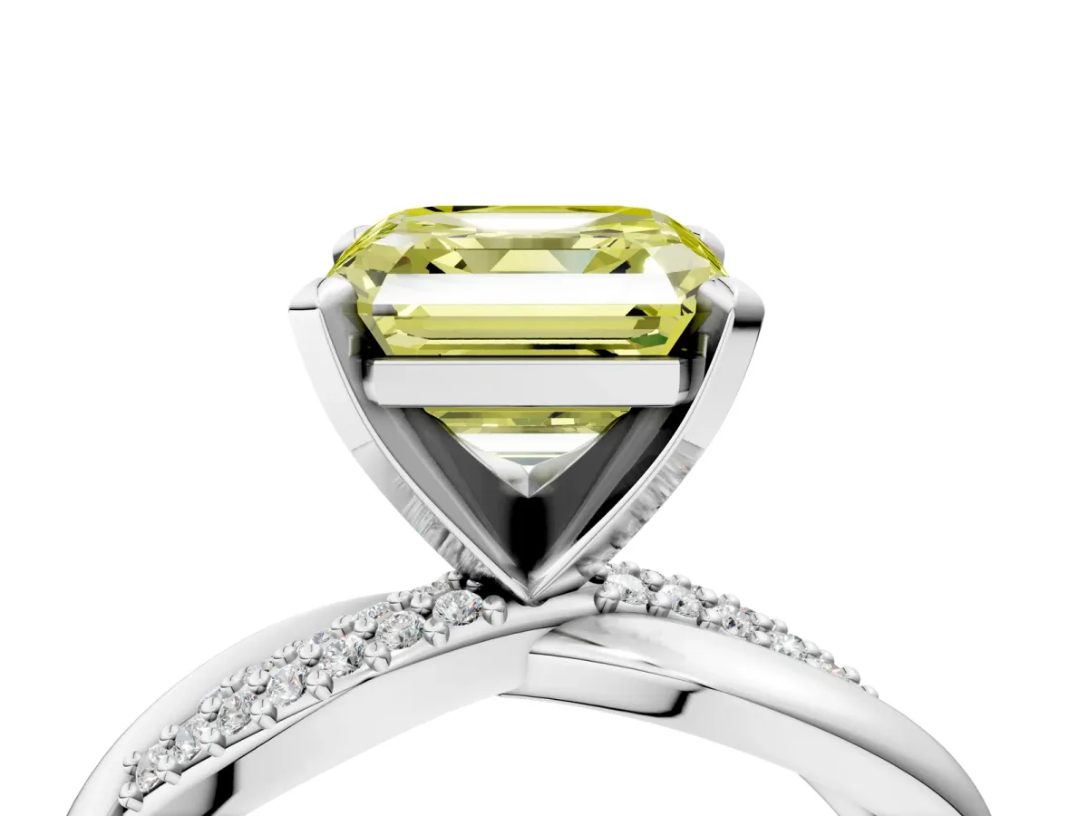 Fancy Yellow Asscher Cut Solitaire Twist Band with Pave Prong Setting Platinum