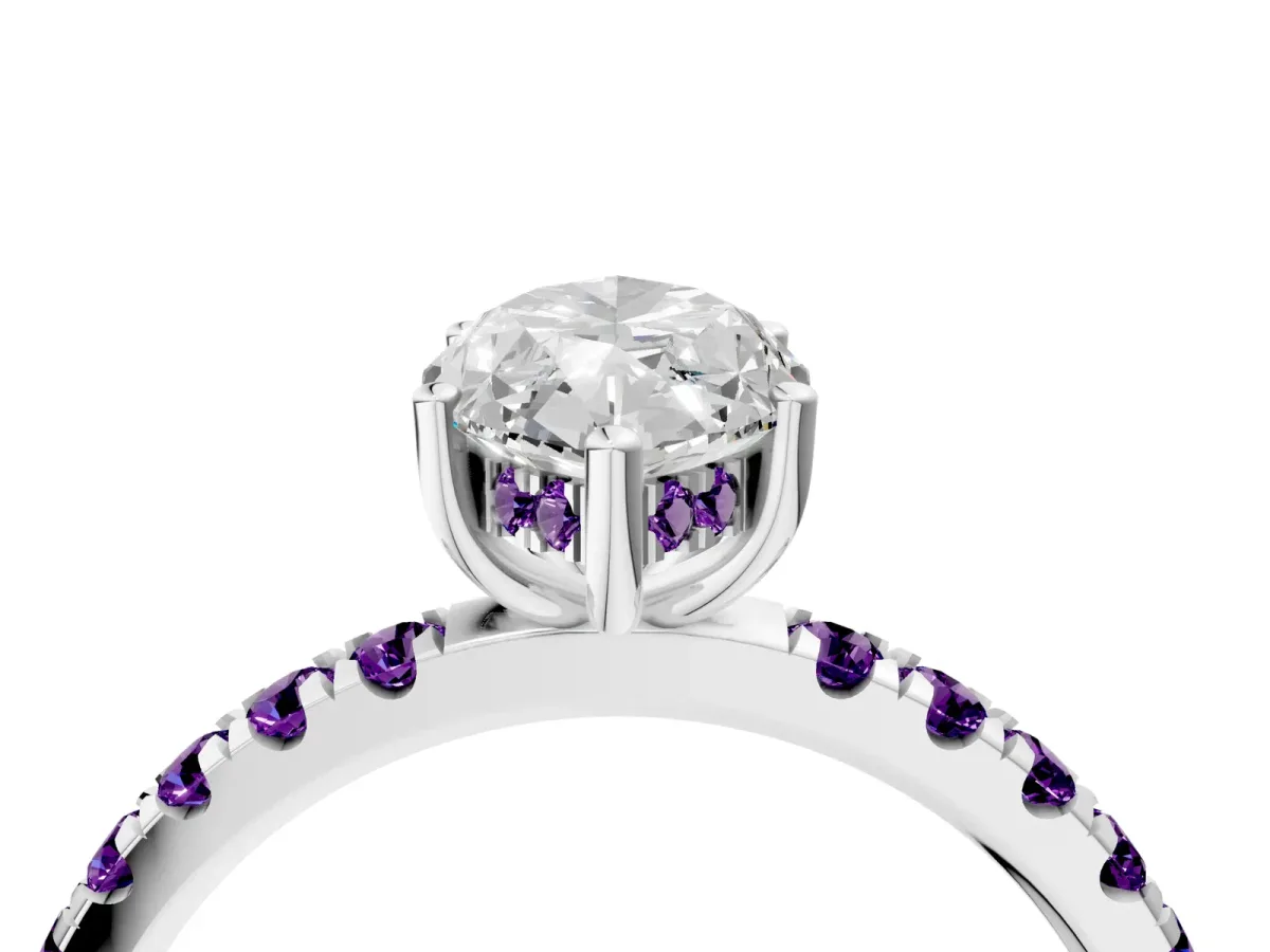 Marquise Cut Diamond Pave Band Solitaire Ring with Round Amethyst and Prong Setting Silver