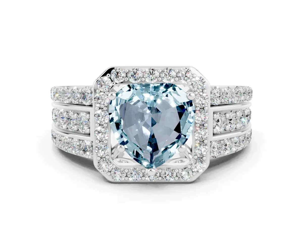 Heart Cut Halo Aquamarine Ring with Round Split Shank and Prong Setting Silver