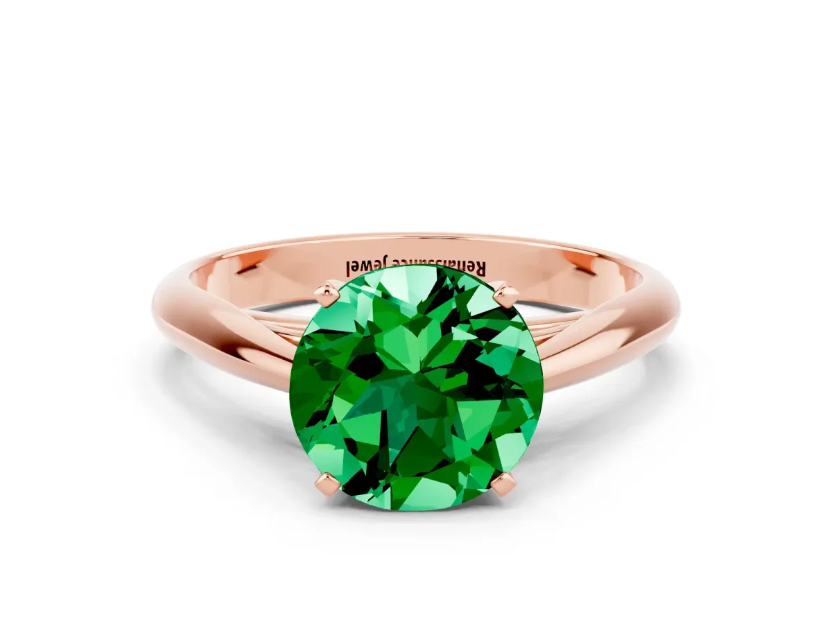 Round Cut Emerald Solitaire Engagement Ring with Cathedral Setting and Four-Prong Mount Rose gold