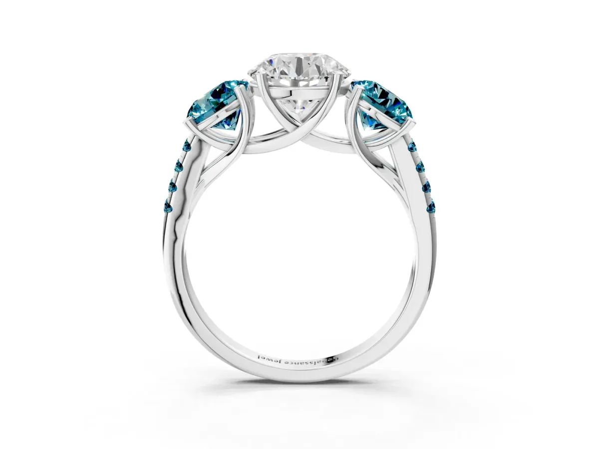 Three-Stone Round Cut Diamond Ring with Round Blue Topaz Pavé Band and Prong Setting Silver