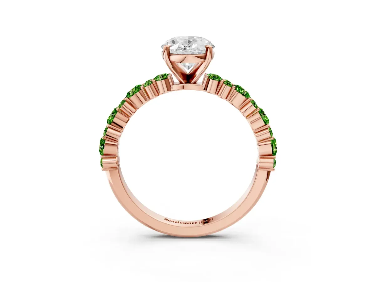Oval Cut Diamond Side Stone Solitaire Ring with Round Peridot and Four-Prong Setting Rose gold