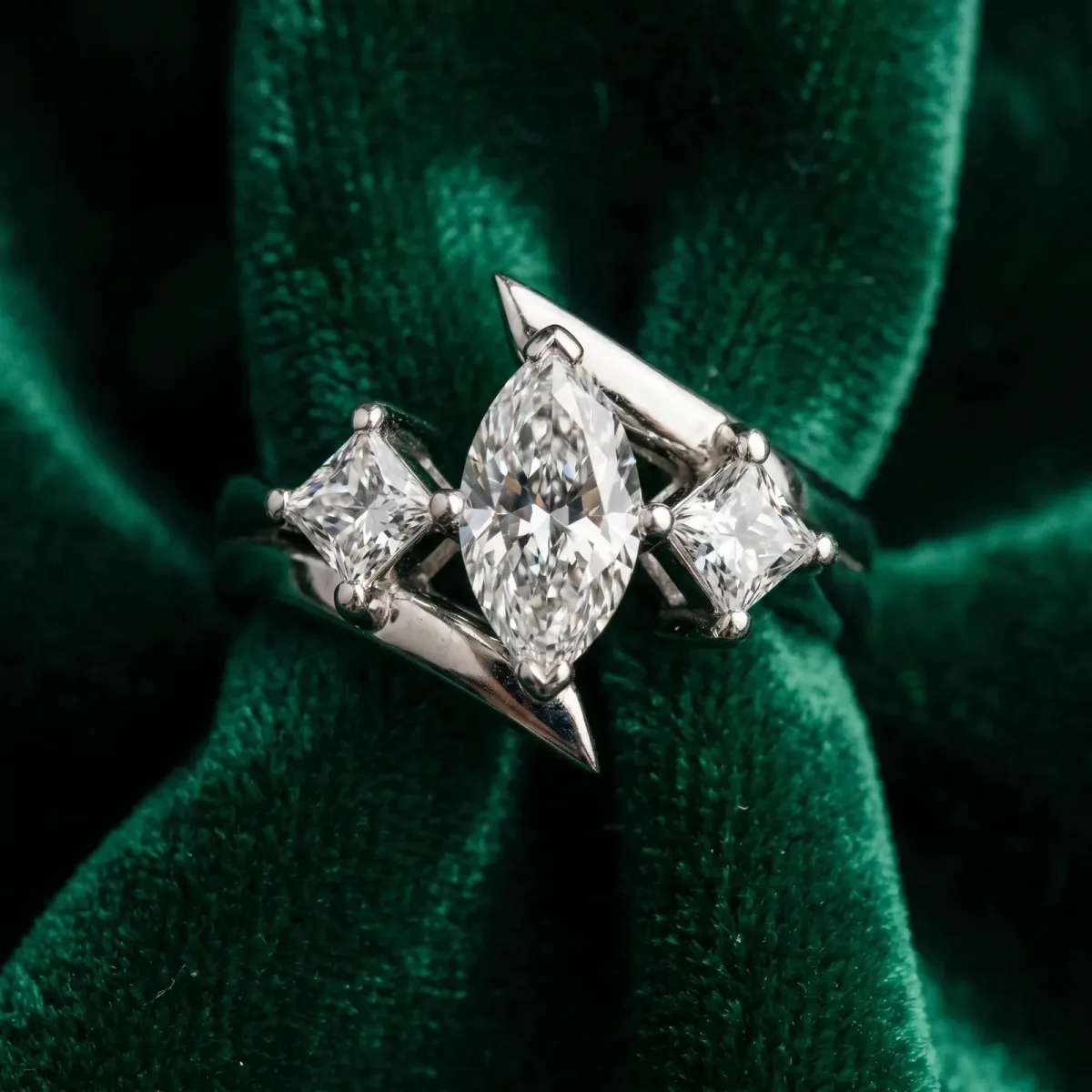 Three-Stone Marquise Cut Cut Tension Band Ring with Four-Prong Setting Platinum